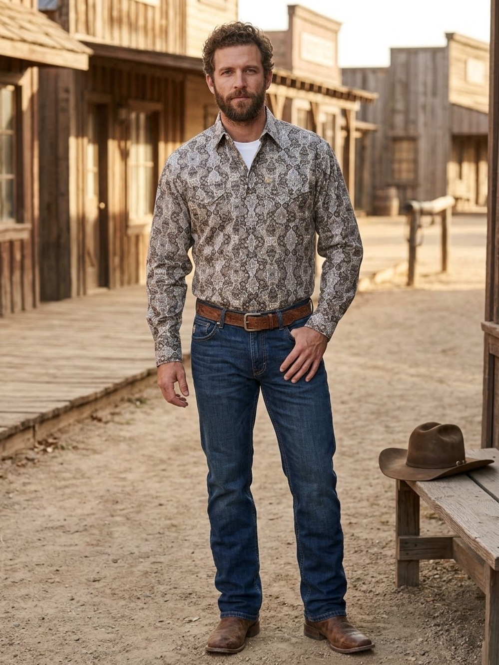 Larry Mahan Men's XL Western Pearl Snap Shirt Brown Gold Paisley Long Sleeve